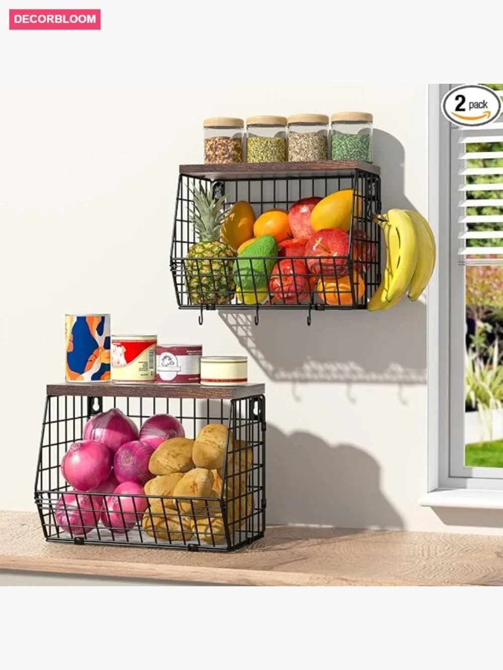 2 Tier Stackable Fruit Basket with Banana Hooks, Wall Mountable